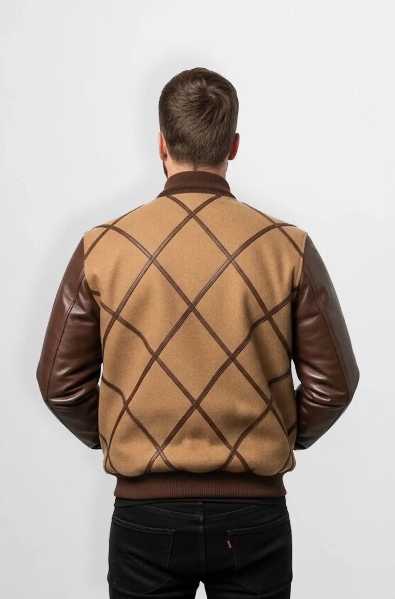 Chocolate Brown Wool Leather Varsity Jacket Back view