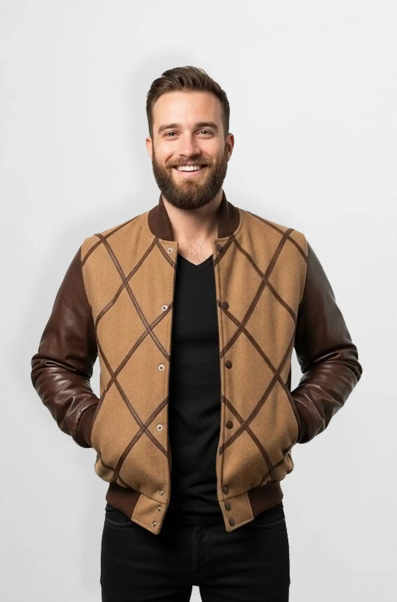 Camel Brown Wool Leather Varsity Jacket Front view
