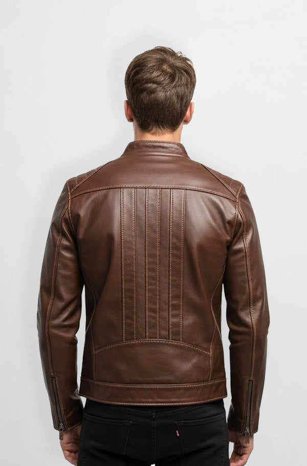 Premium Classic Brown Leather Biker Jacket Back view