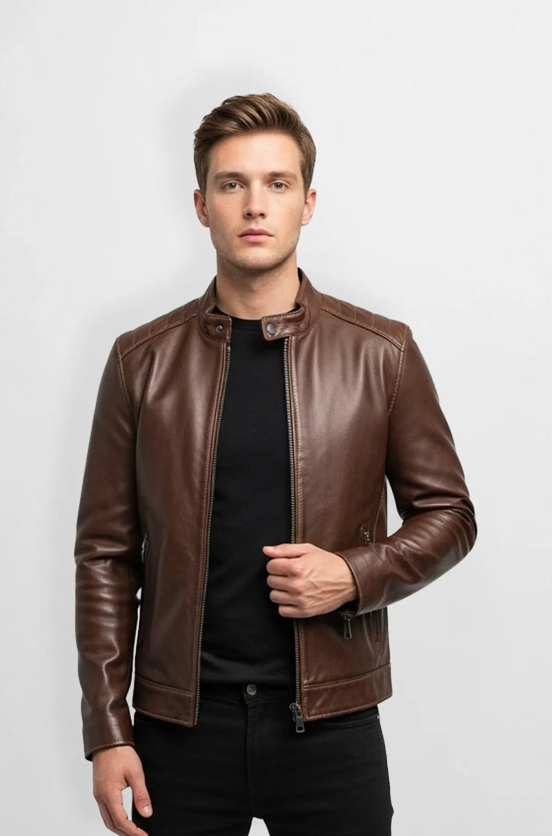 Premium Classic Brown Leather Biker Jacket Front view