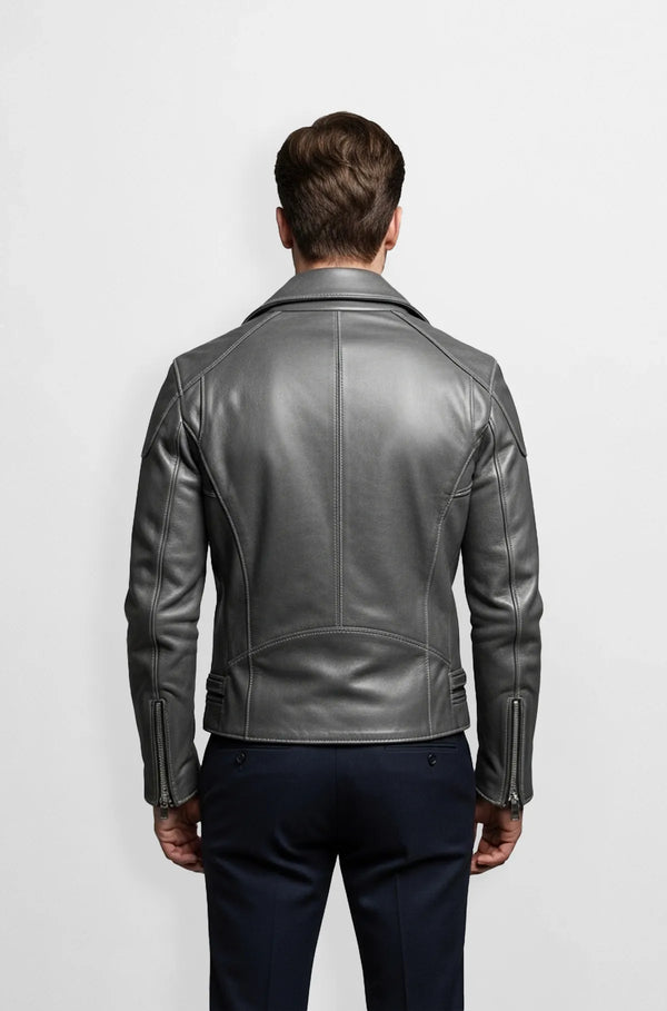 Premium Classic Grey Leather Moto Jacket Back view