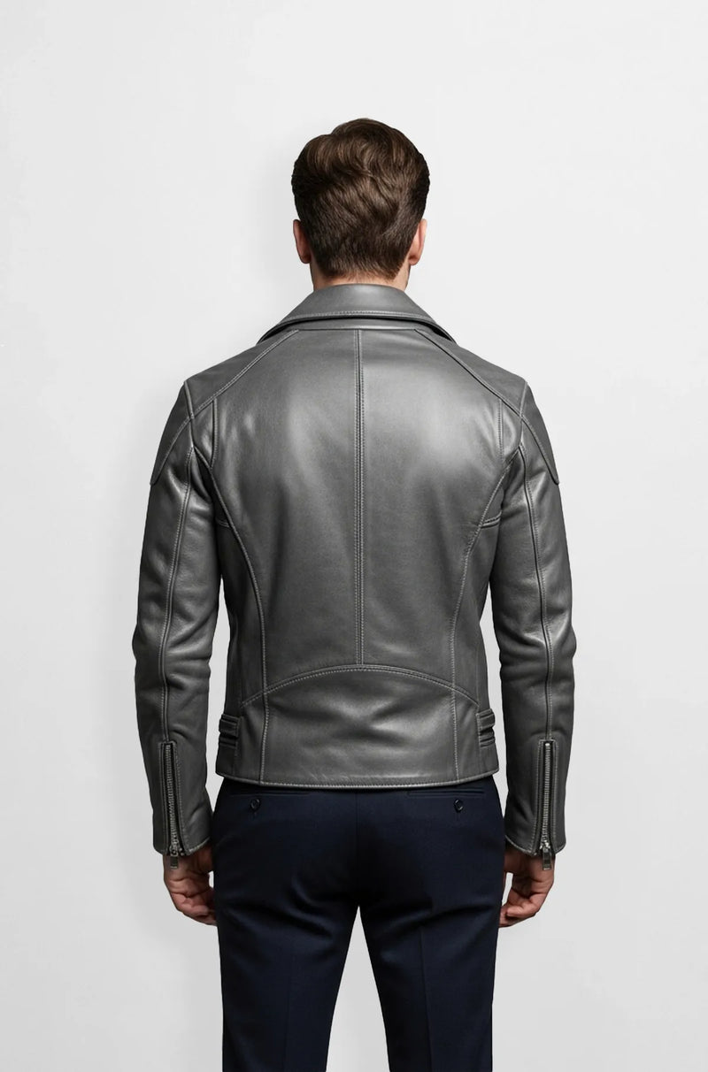 Premium Classic Grey Leather Moto Jacket Back view