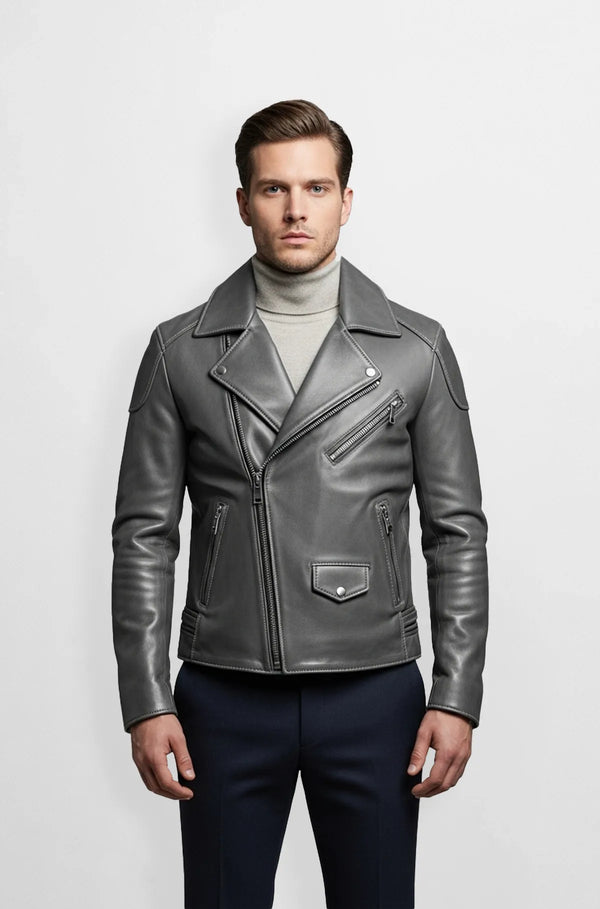 Premium Classic Grey Leather Moto Jacket Front view