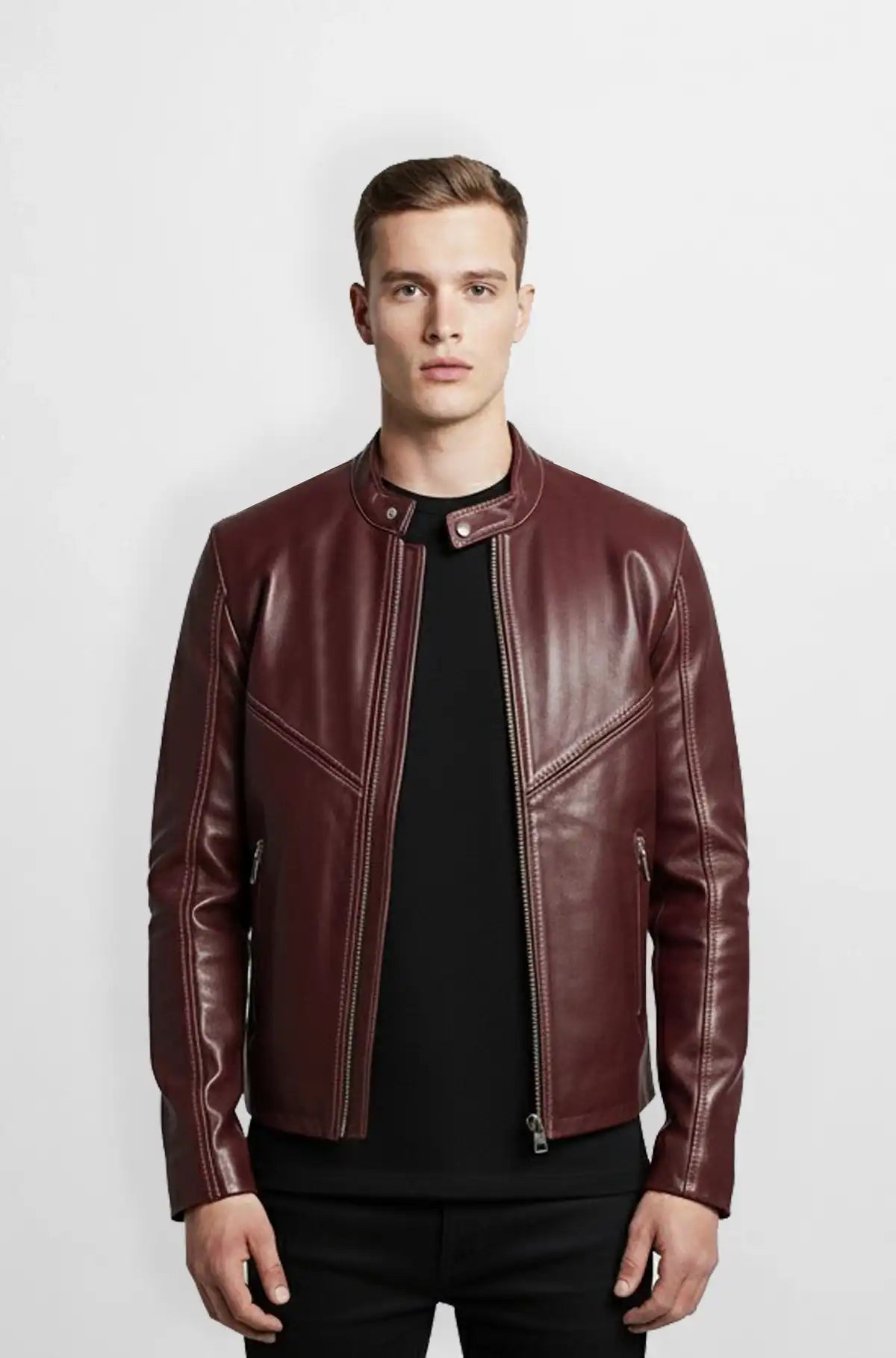 Premium Dark Burgundy Moto Leather Jacket Front view