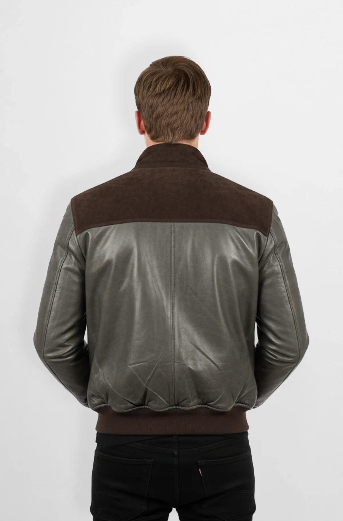 Premium Grey And Brown Leather Bomber Jacket