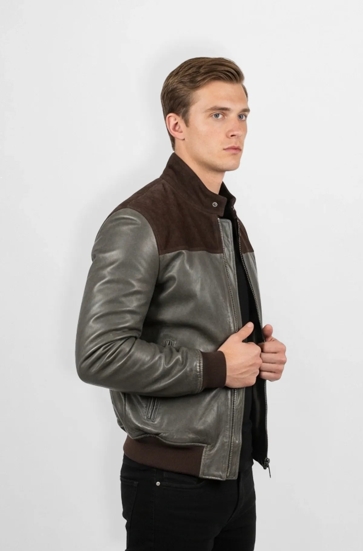 Premium Grey & Brown Leather Bomber Jacket Side view