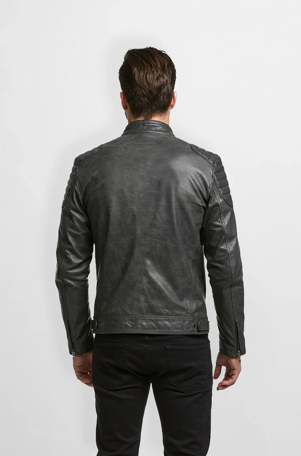 Premium Grey Biker Leather Jacket Back view