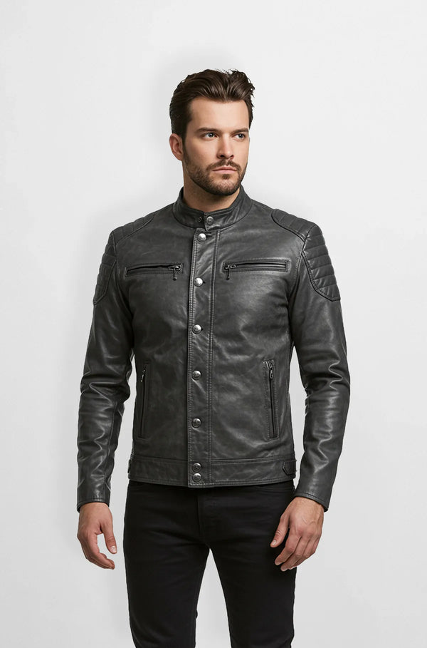 Premium Grey Biker Leather Jacket Front view