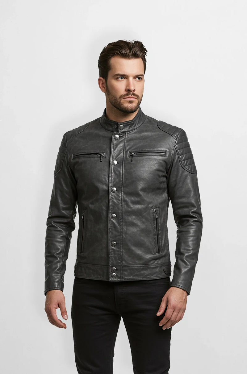 Premium Grey Biker Leather Jacket Front view