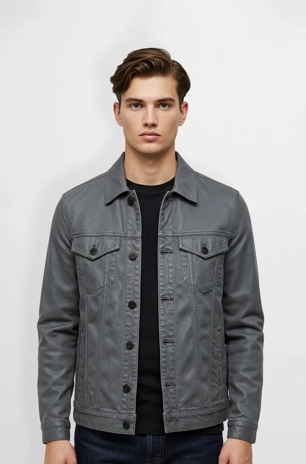Premium grey leather jacket front view