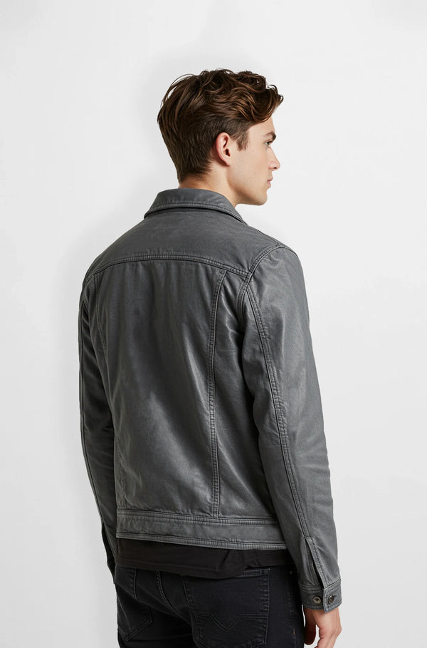 Premium grey leather jacket back view