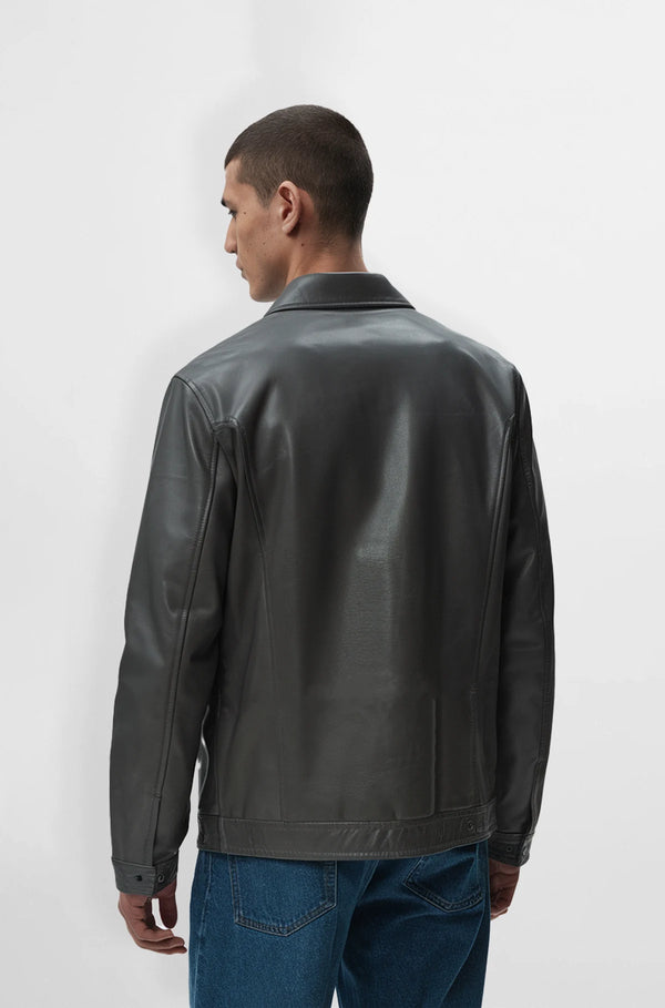 Premium Grey Leather Shirt Jacket for Men back view