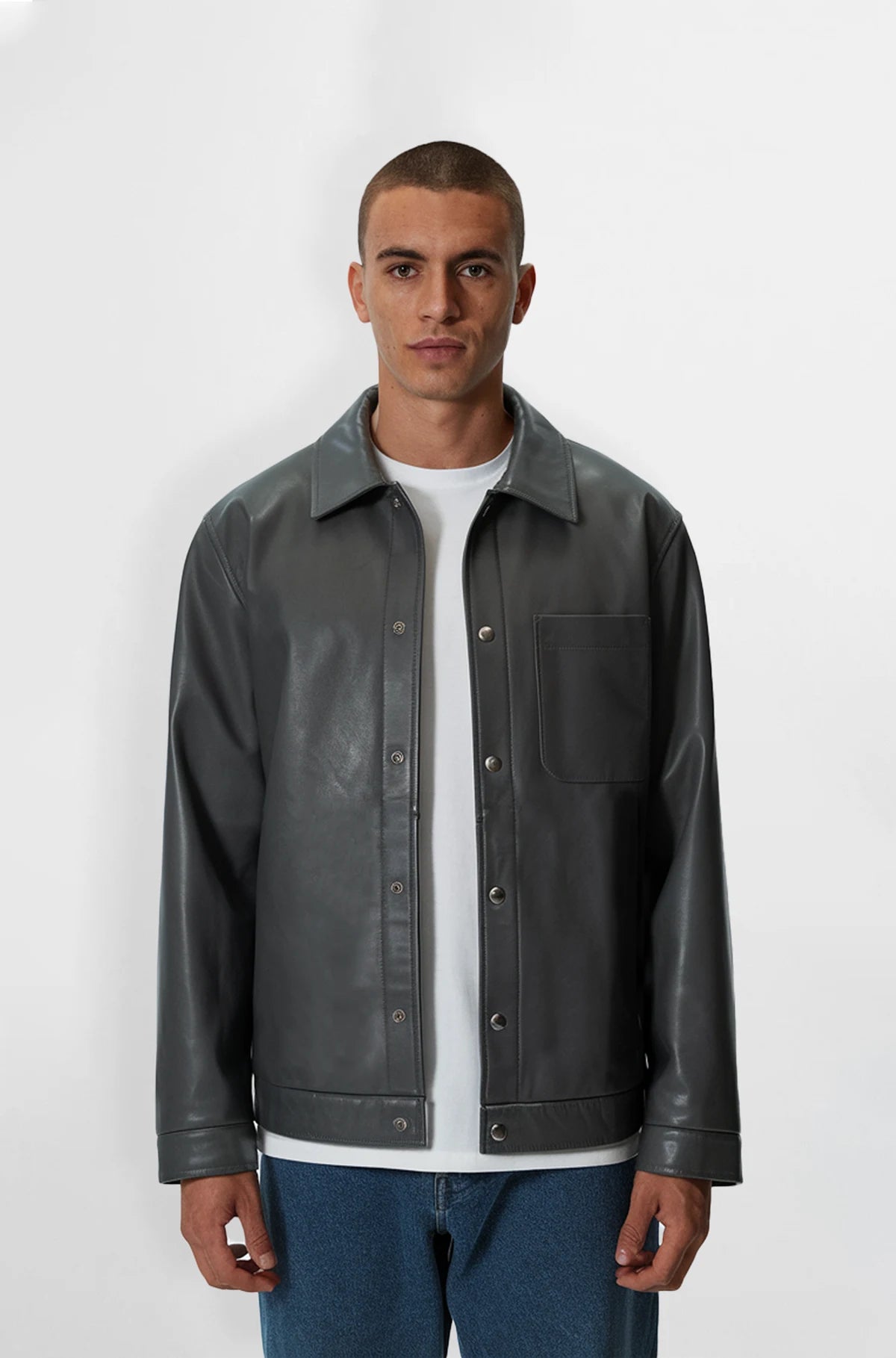 Premium Grey Leather Shirt Jacket for Men