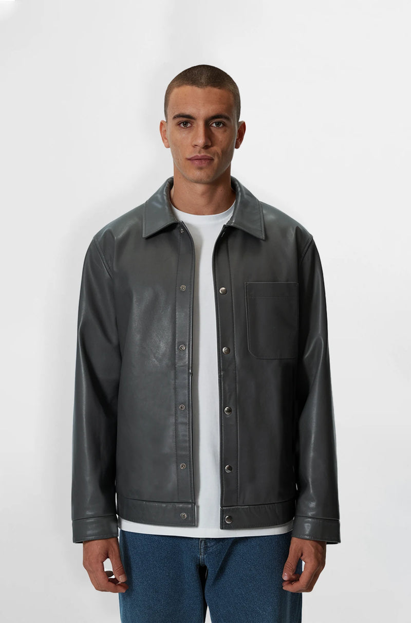 Premium Grey Leather Shirt Jacket for Men front view