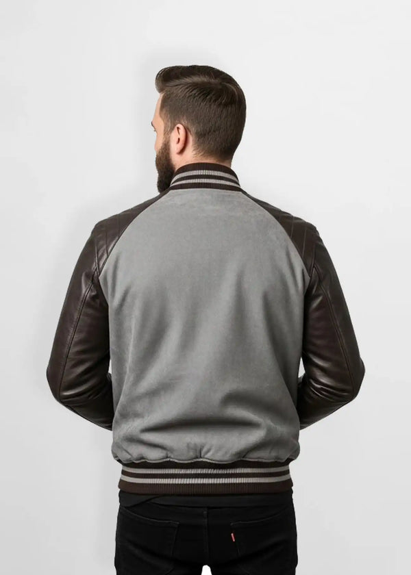 Premium Grey Suede Leather Varsity Jacket Back view