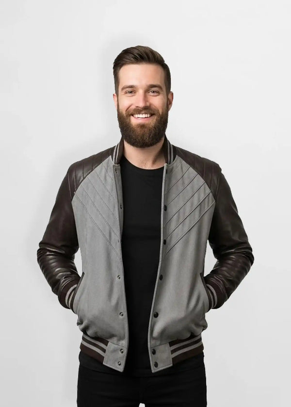 Premium Grey Suede Leather Varsity Jacket Front view