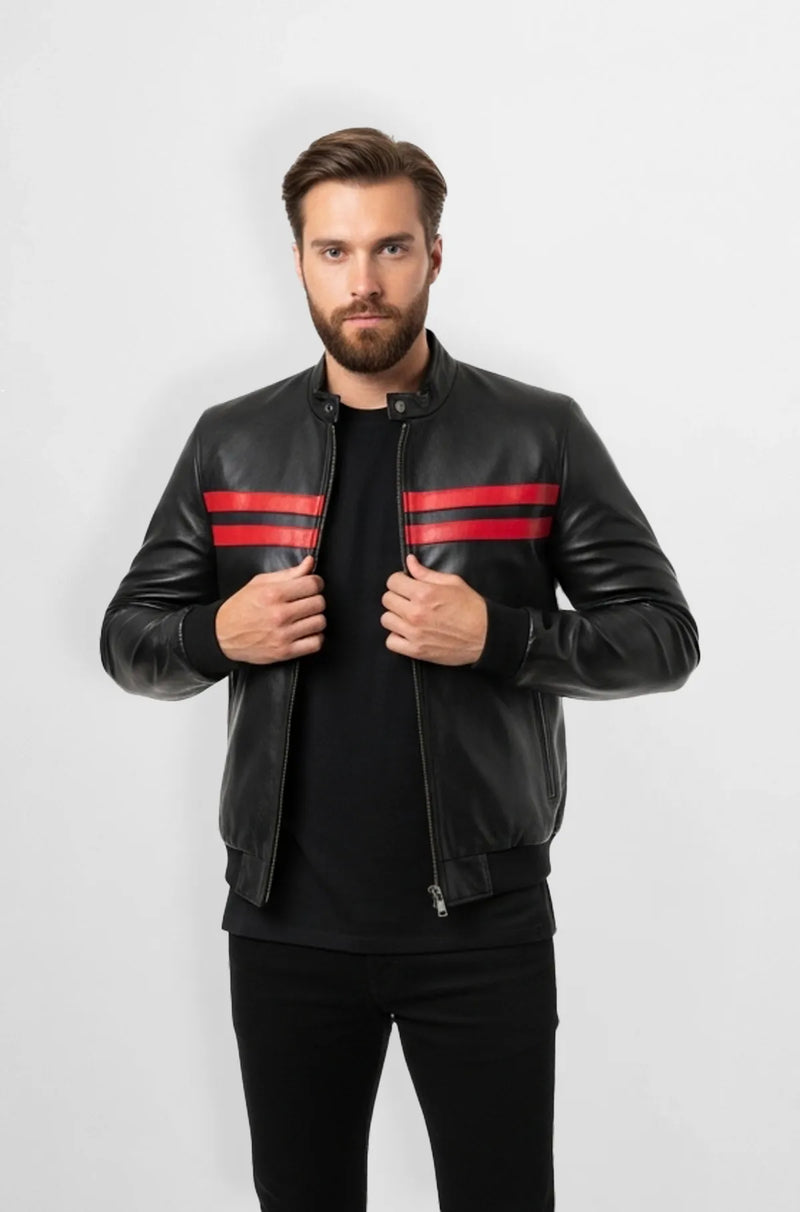Premium Jet Black Leather Bomber Jacket Front view