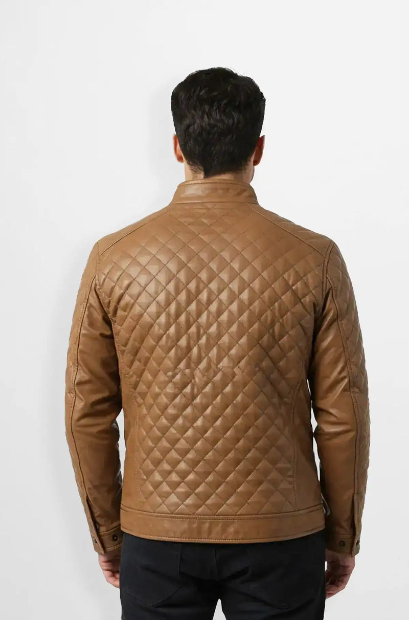 Premium Light Brown Quilted Leather Jacket Back view