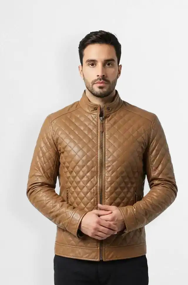 Premium Light Brown Quilted Leather Jacket Front view