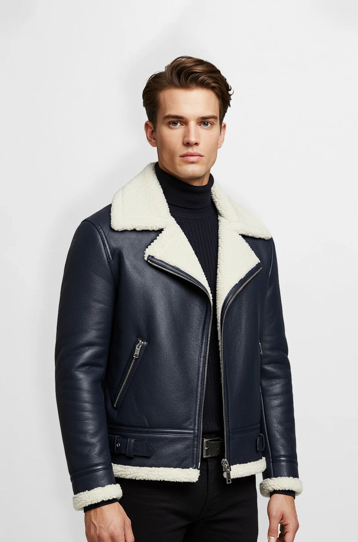 Premium Navy Blue Leather Shearling Jacket Front view