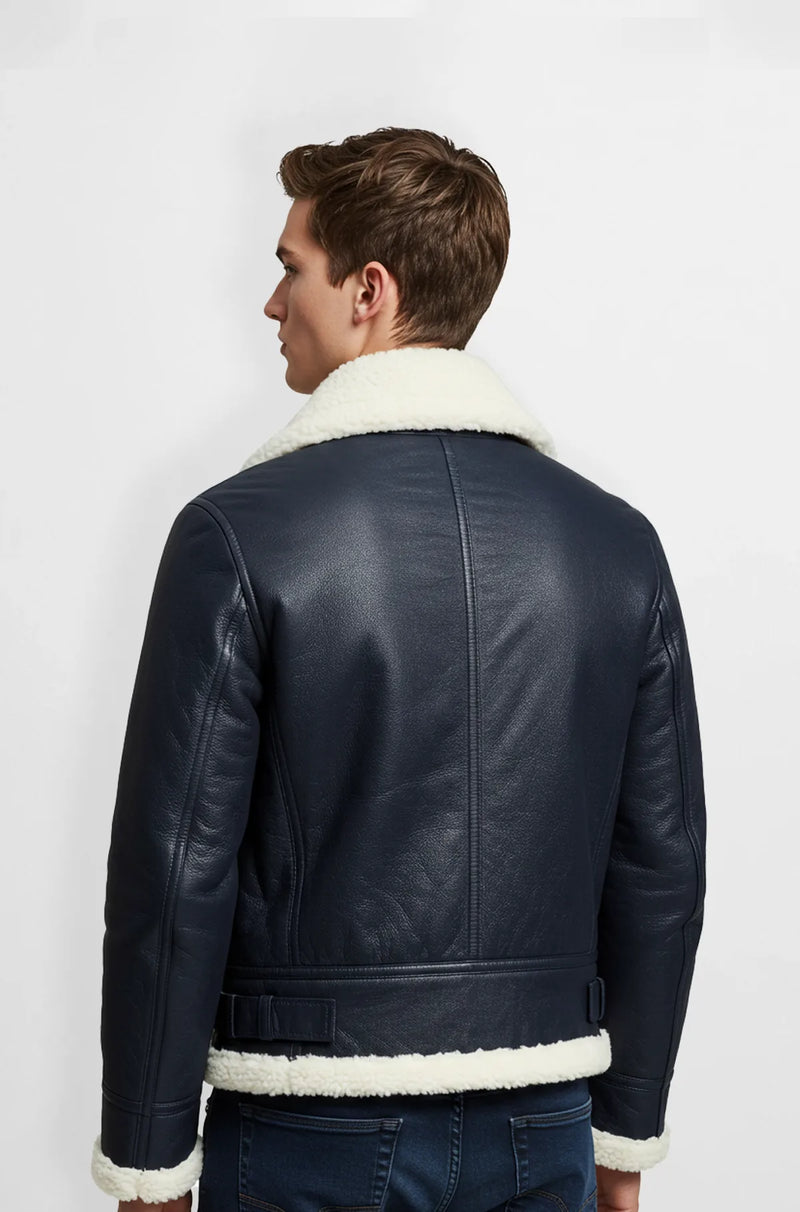 Premium Navy Blue Leather Shearling Jacket Back view