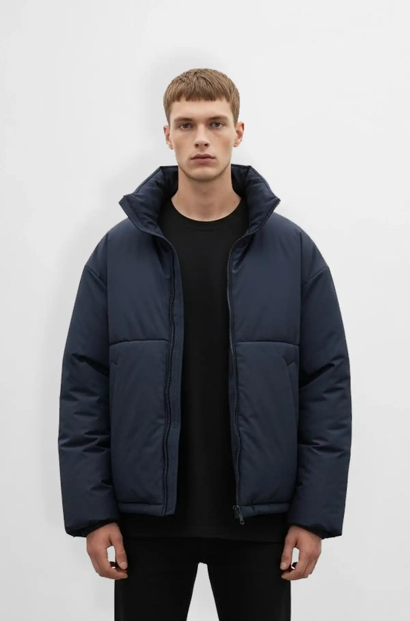 Premium Navy Blue Puffer Jacket Front view