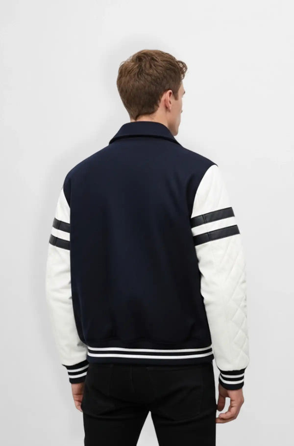 Premium Navy Blue Wool Leather Varsity Jacket Back view