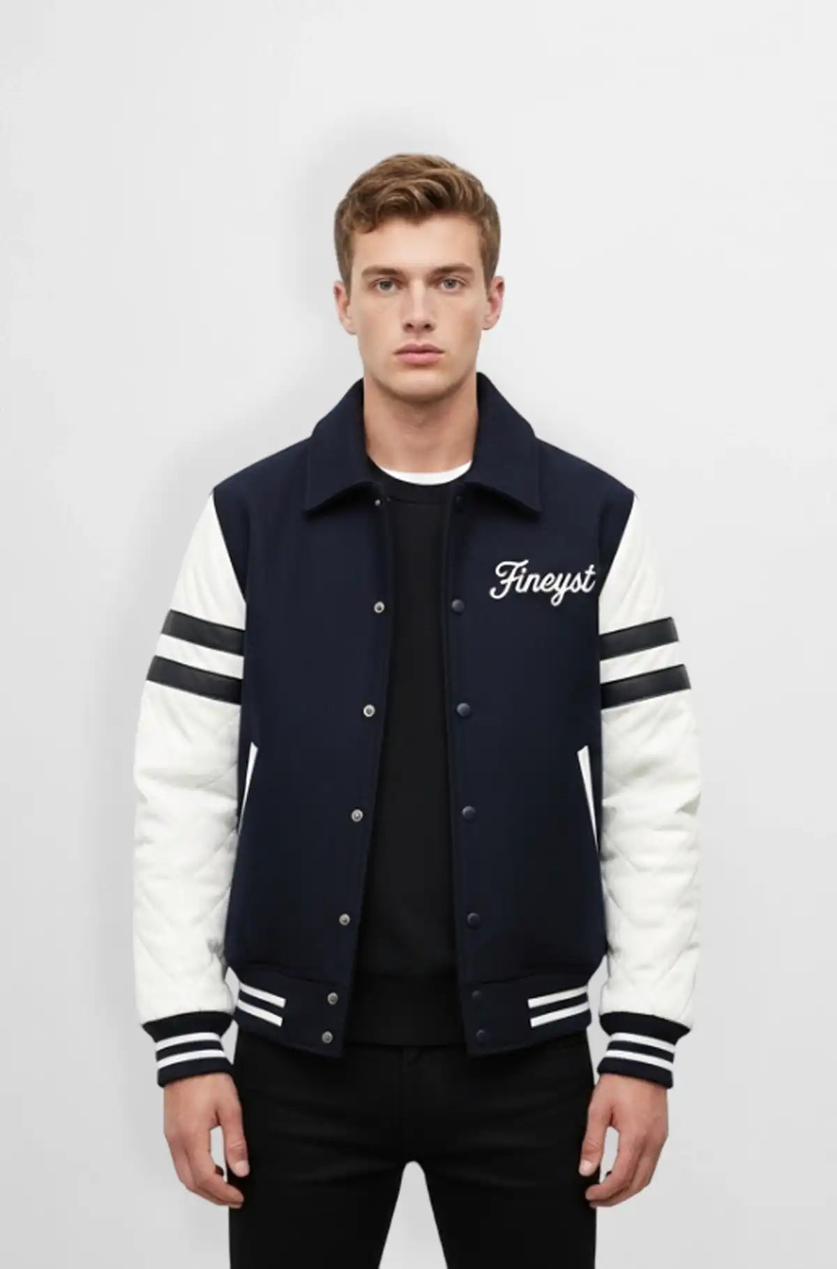 Premium Navy Blue Wool Leather Varsity Jacket Front view