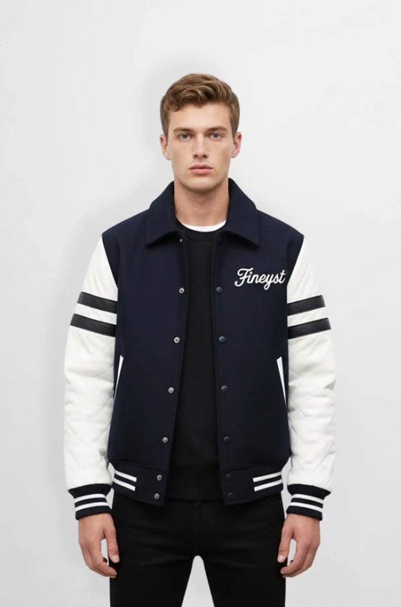 Premium Navy Blue Wool Leather Varsity Jacket Front view
