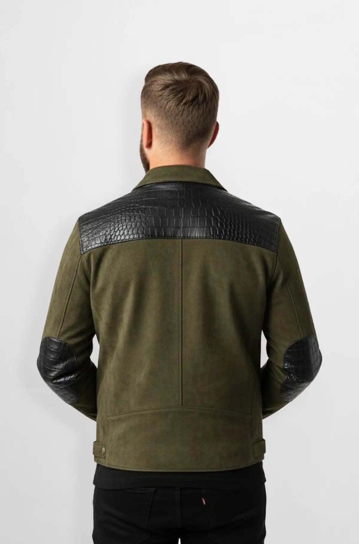 Premium Olive Green Crocodile Suede Leather Bomber Jacket Back view