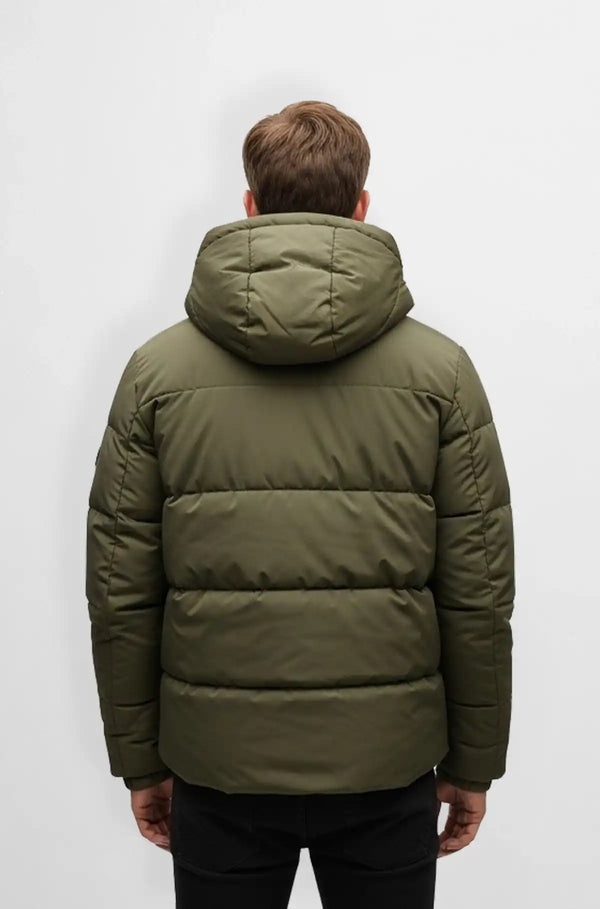 Premium Olive Green Hooded Puffer Jacket Back view