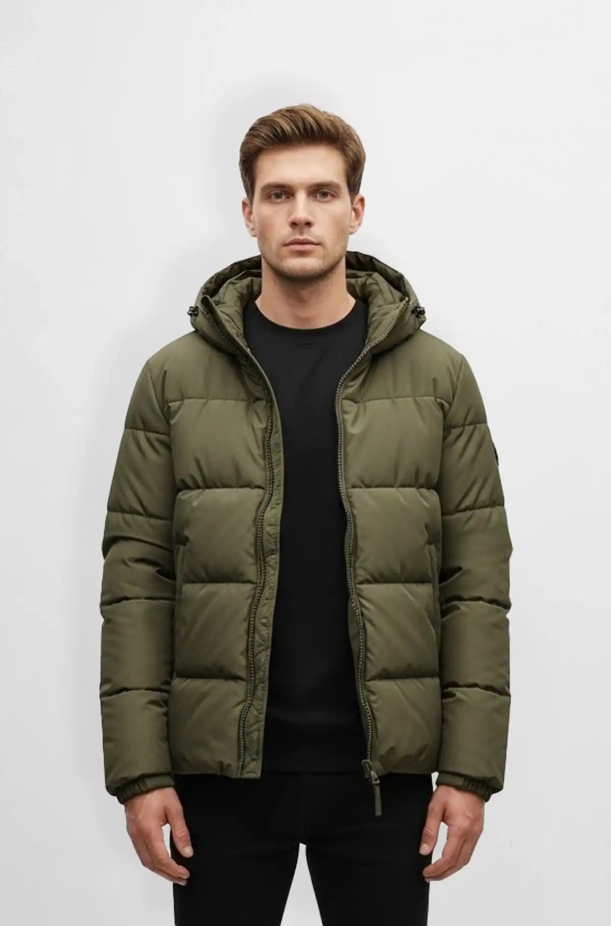 Premium Olive Green Hooded Puffer Jacket Front view