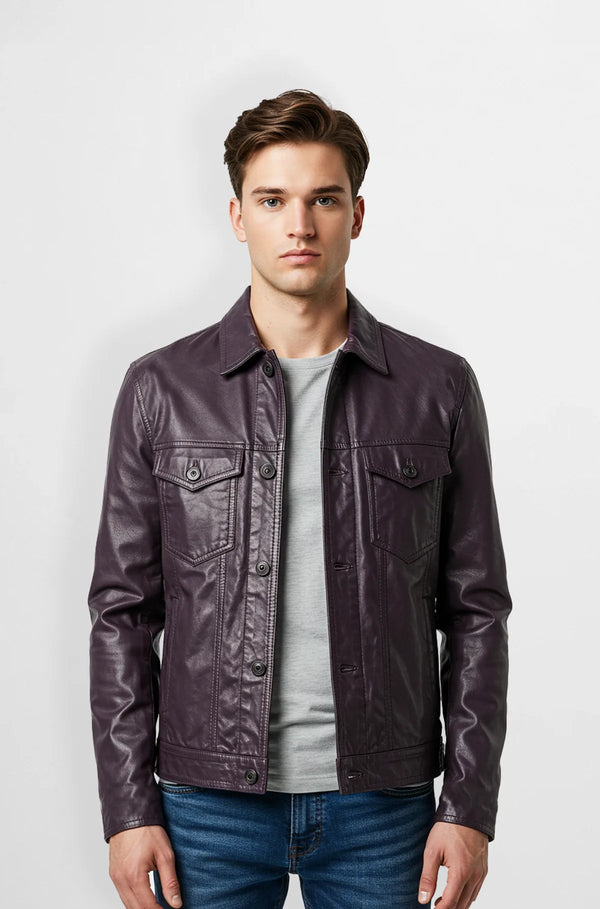Premium Purple Leather Jacket for Men front view