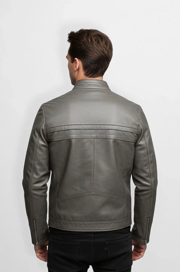 Premium Stitched Grey Leather Bomber Jacket Back view