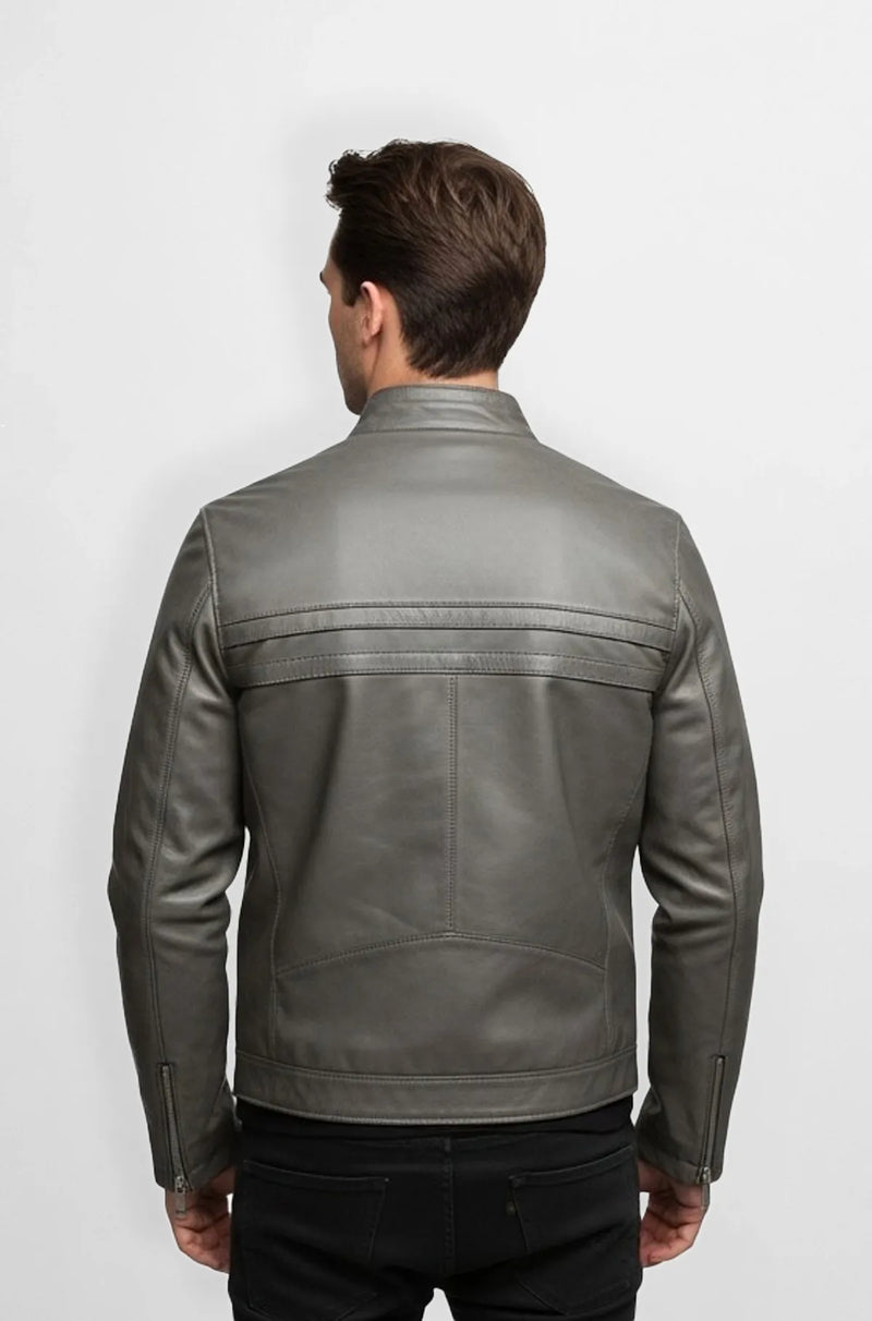 Premium Stitched Grey Leather Bomber Jacket Back view