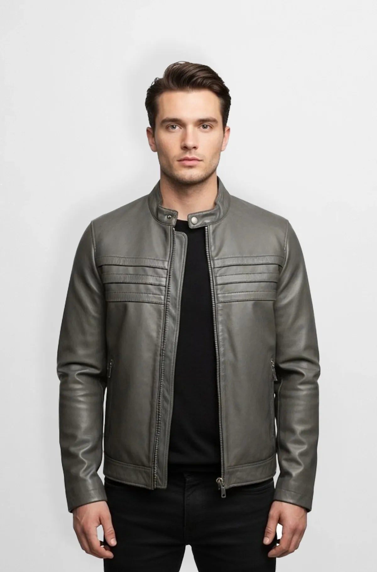 Premium Stitched Grey Leather Bomber Jacket Front view