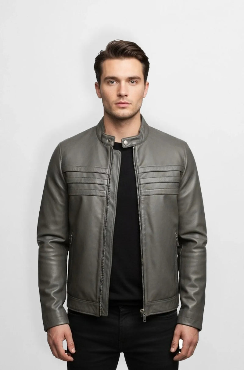 Premium Stitched Grey Leather Bomber Jacket Front view