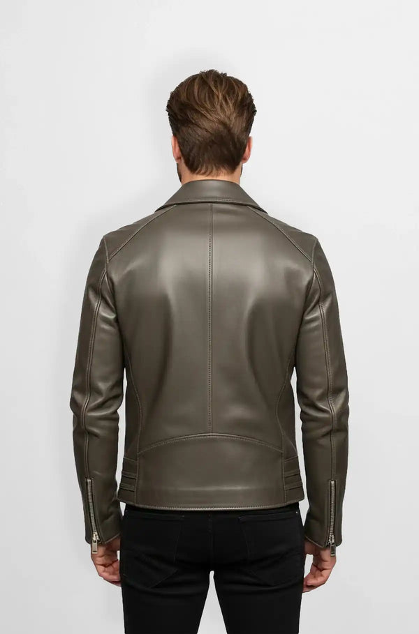 Premium Street Style Grey Taupe Biker Leather Jacket Back view