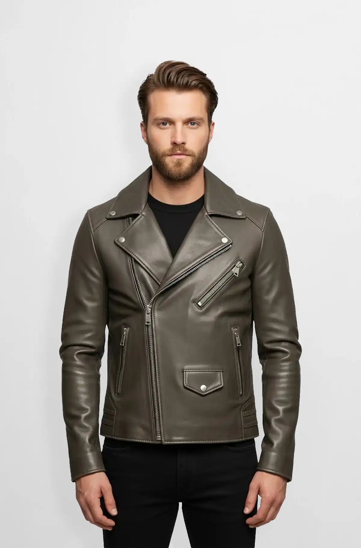 Premium Street Style Grey Taupe Biker Leather Jacket Front view
