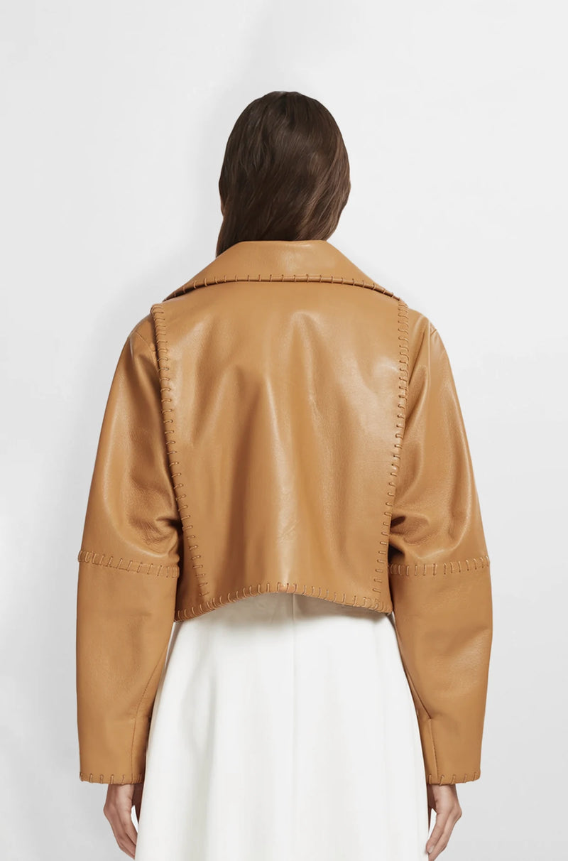 Women's Premium Tan Cropped Leather Jacket back view