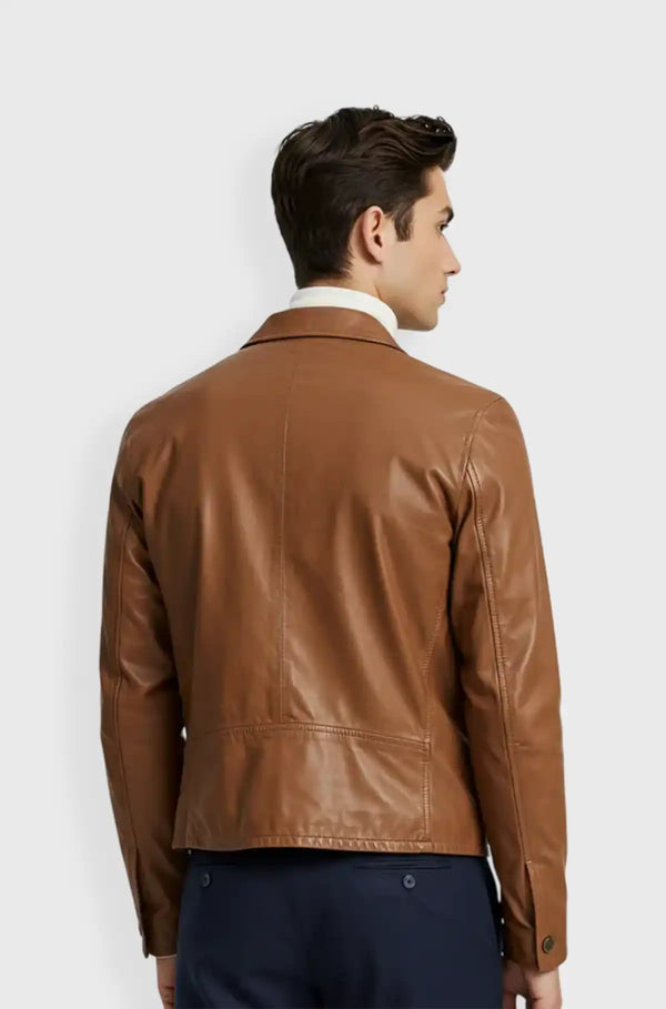 Premium Tan Leather Trucker Jacket front view