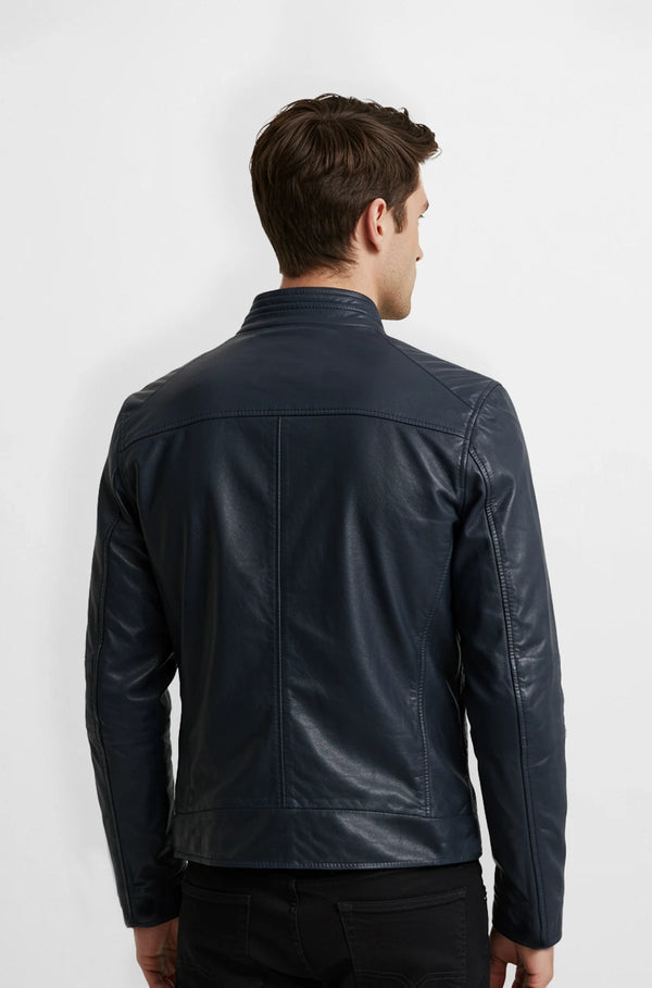 Premium Navy Blue Leather Bomber Jacket back view