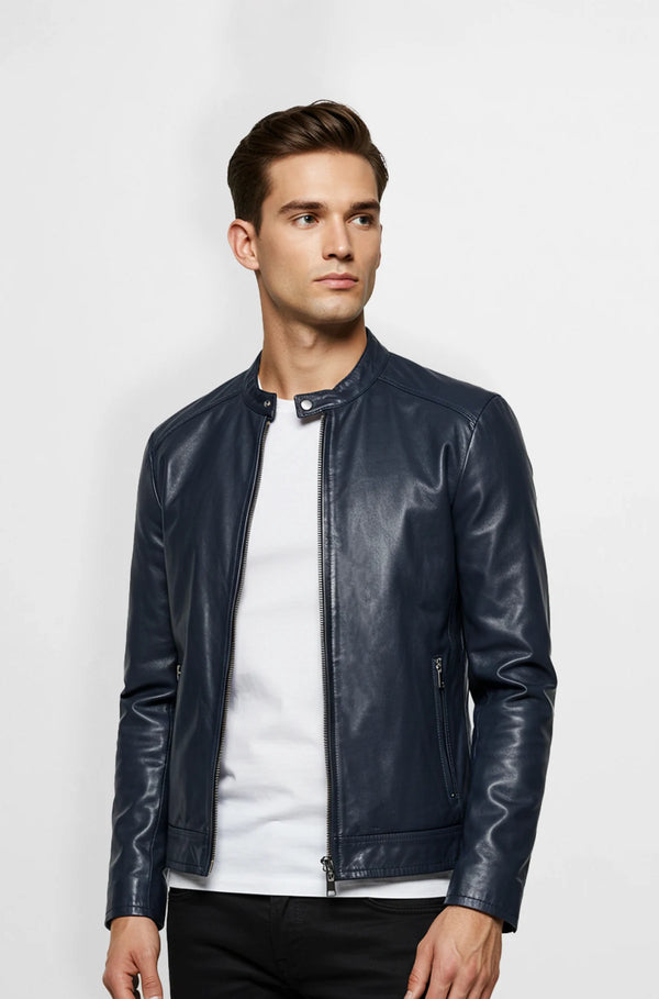 Premium Navy Blue Leather Bomber Jacket front view