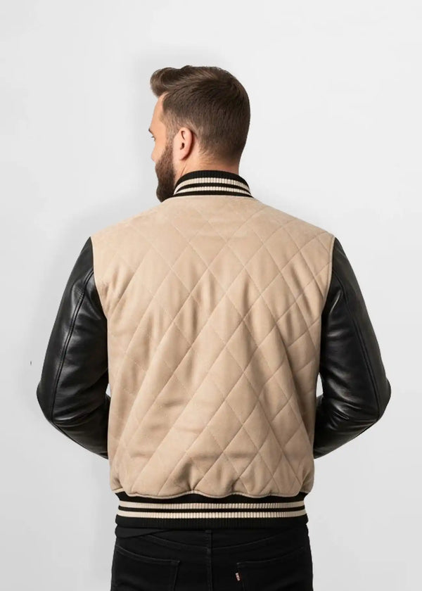 Quilted Beige Suede Leather Varsity Jacket Back view