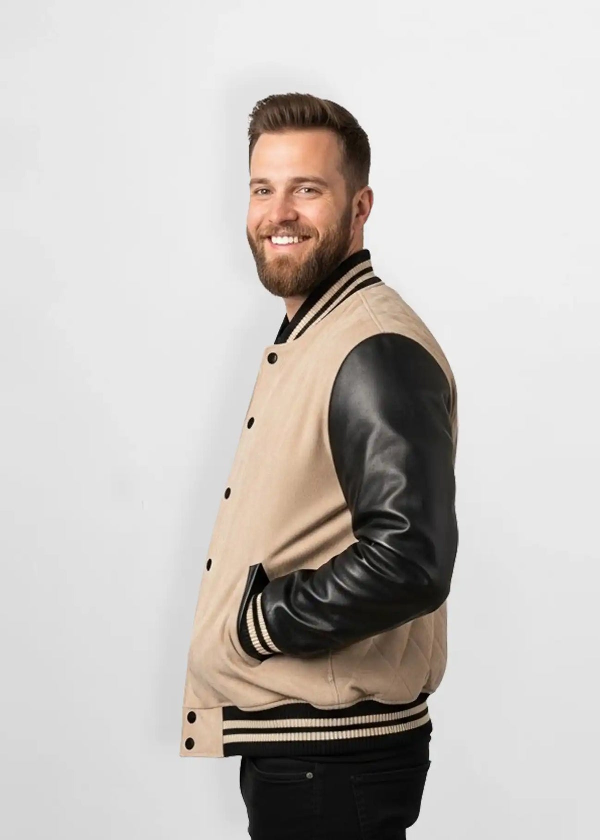 Quilted Beige Suede Leather Varsity Jacket Side view