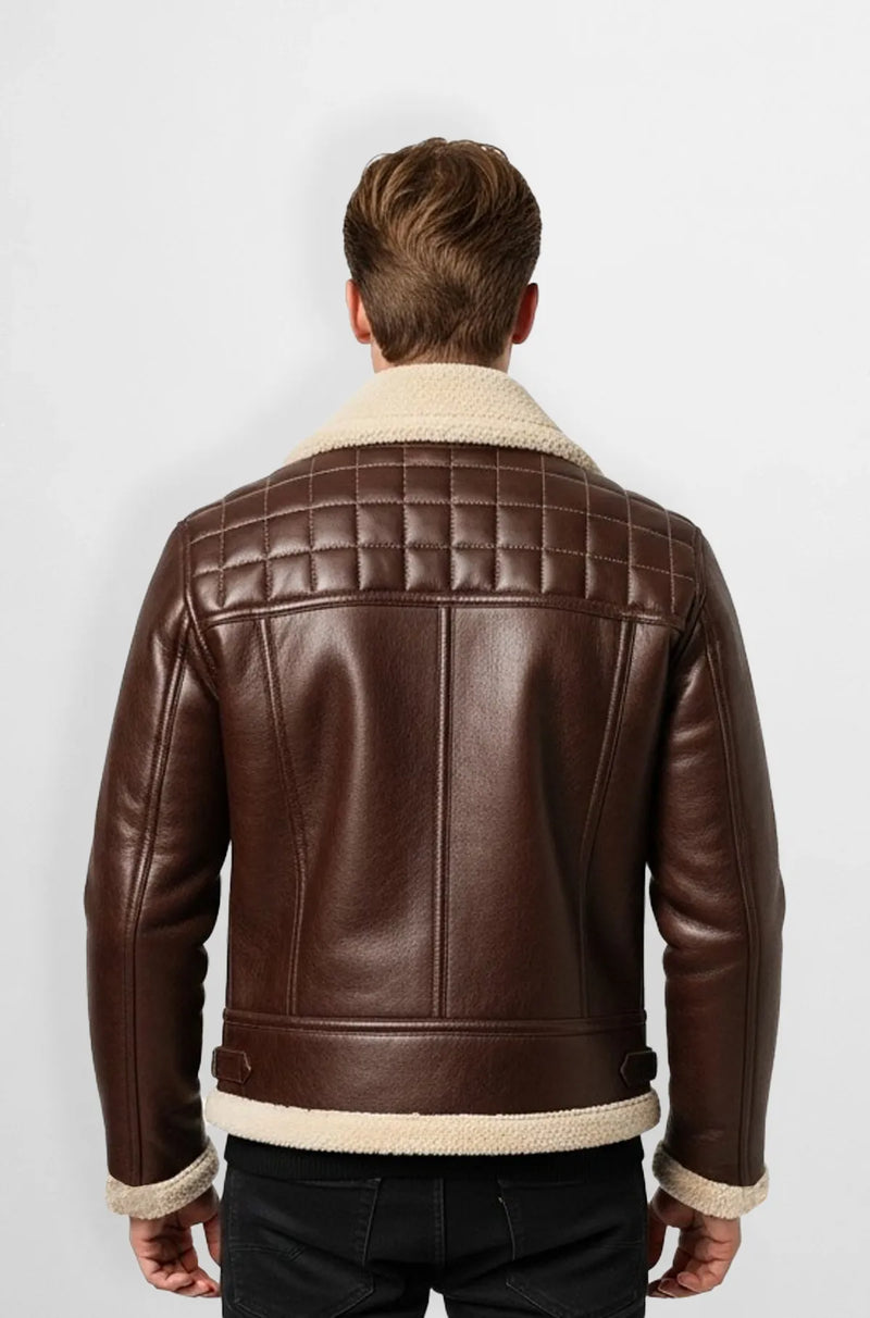Quilted Chocolate Brown Leather Aviator Jacket Back view