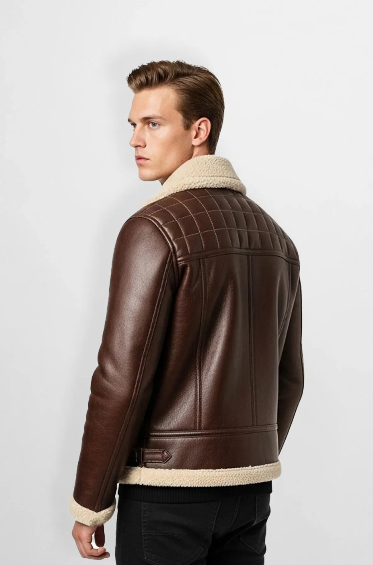 Quilted Chocolate Brown Leather Aviator Jacket Side view