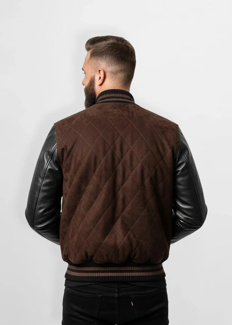 Quilted Dark Brown Suede Leather Varsity Jacket Back view