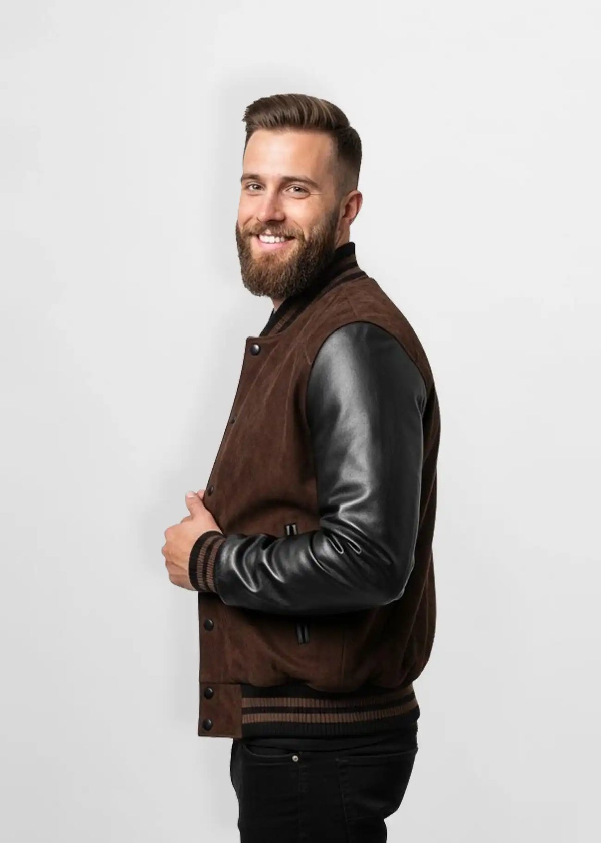 Quilted Dark Brown Suede Leather Varsity Jacket Side view