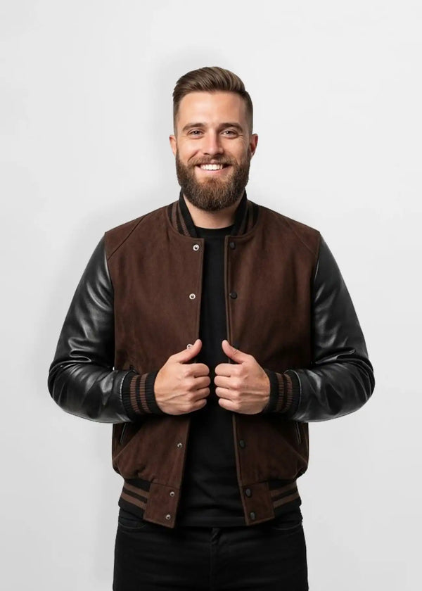 Quilted Dark Brown Suede Leather Varsity Jacket Front view